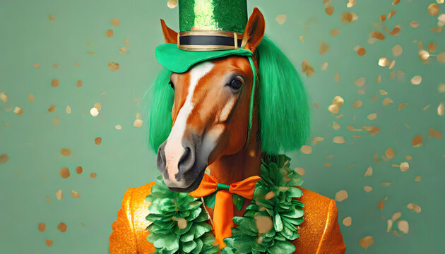 st Patricks day, pferd, hut,, grün, hintergrund, perücke, close-up, spaß, party, Kleeblatt, kostüm, party, flyer, gestalten, copy space, irland, Dublin, 