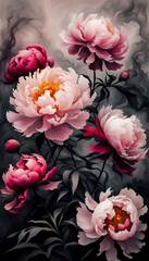 Beautiful pink peony flowers with smoke on dark background,