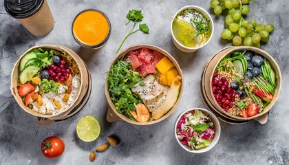 healthy take away food and drinks in disposable eco friendly paper containers on gray background top view fresh salad soup poke bowl buddha bowl fruits coffee and juice generative ai - 695523847