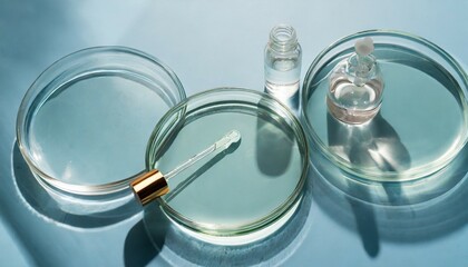 serum in petri dishes on light blue background cosmetic research concept