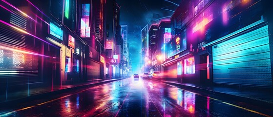 Fototapeta na wymiar Futuristic city at night with neon lights. Concept of hi-tech city.