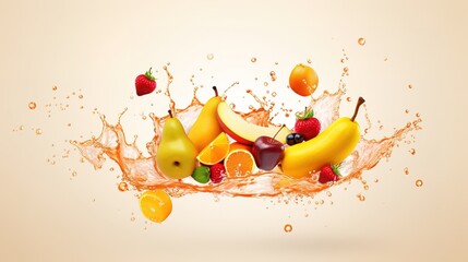 Orange, kiwi fruit, banana, tomato, watermelon, papaya juice. Fresh fruits and splashes, 3d vector icon set.,generative ai