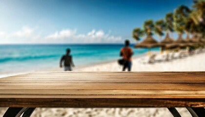 wood table top on blurred blue sea and white sand beach background with some people