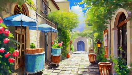 peaceful alley and vending water day digital painting