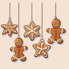 Vector hanging gingerbread cookies decoration isolated