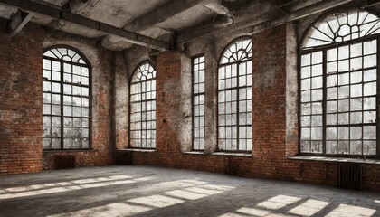empty loft industrial grunge interior old brick walls and big windows interior concept background 3d render