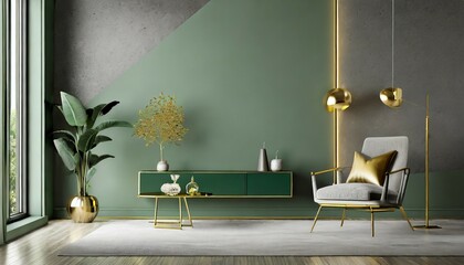 grey green living room lounge area chair with an accent gold table and decor empty painted wall blank as background modern interior design room home or hotel 3d rendering