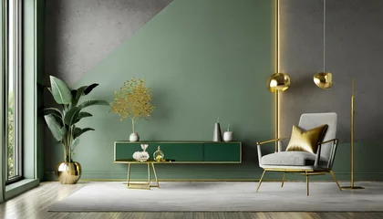 Foto op Plexiglas grey green living room lounge area chair with an accent gold table and decor empty painted wall blank as background modern interior design room home or hotel 3d rendering © Adrian