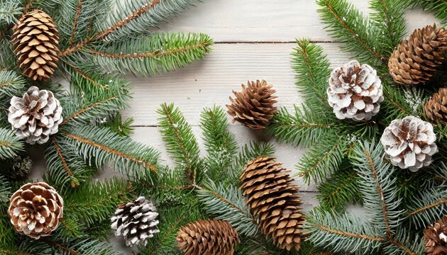 christmas fir tree branches and pine cones background