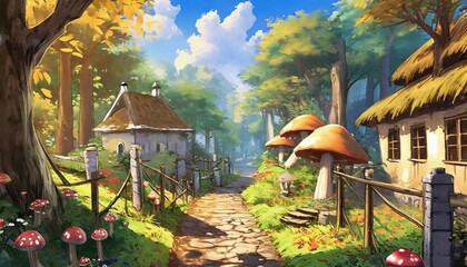 anime illustration scenery background wallpaper old ancient village street among mushroom forest...