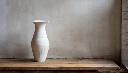 a white vase sitting on top of a wooden table next to a wall generative ai