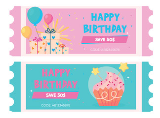 happy birthday promo voucher with balloons. Birthday gift voucher template design with cake. Anniversary coupon, happy gift vouchers