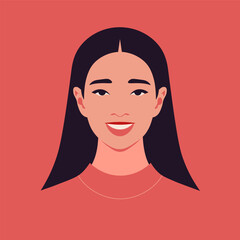 A face of a happy Asian woman. Portrait of a smiling teenager. Vector flat Illustration
