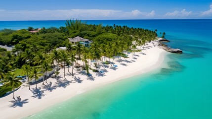 Aerial view of beautiful tropical beach with palm trees and sand.