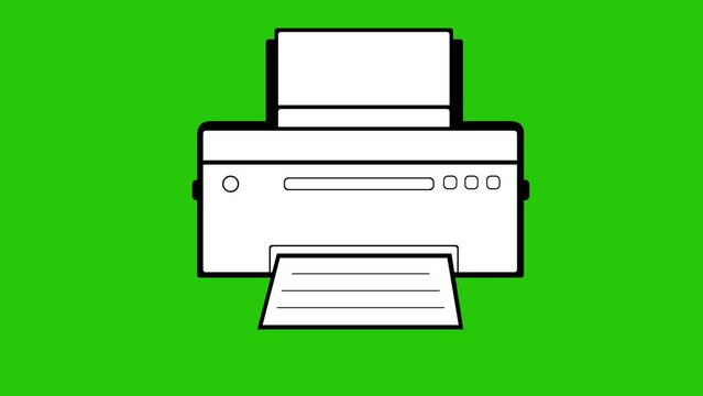 video drawing animation of printer printing a sheet of paper, drawn in black and white color. On a green chroma key background 