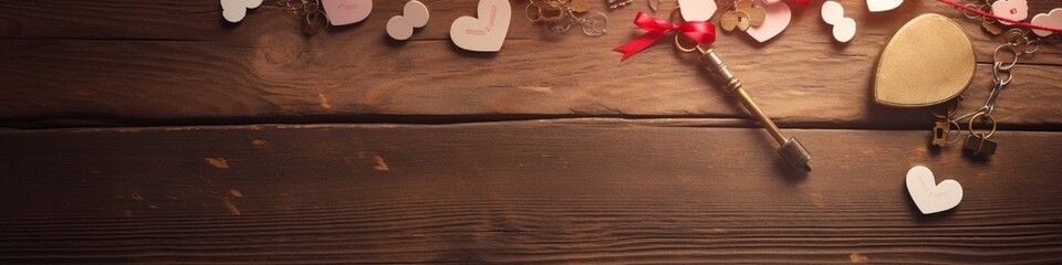 An empty white envelope amidst heart-shaped confetti and antique keys on a wooden surface, evoking...