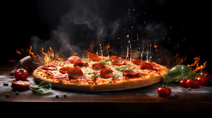 Fresh pizza pepperoni margarita out of the oven with ingredients and spices hot ready to serve and eat food commercial advertisement menu banner with copy space area - Generated by Generative AI - obrazy, fototapety, plakaty