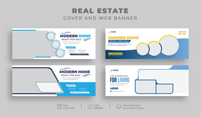Fototapeta na wymiar Real Estate Marketing Facebook Cover & Multipurpose Web Banner Designs for Construction, Renovation, Handyman Services, House Rent, Interior Furniture, and Office Sale on Social Media