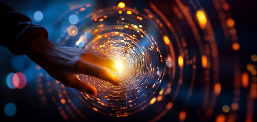 First contact, with hand touching spinning vortex of light particles, neuronal network concept - obrazy, fototapety, plakaty