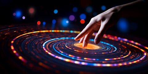 Hand touching a spinning vortex of data and light particles, data flow and processing visualisation backgrounds