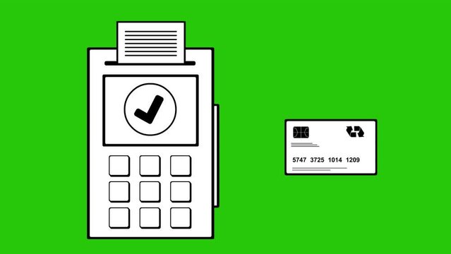 video drawing animation illustration credit or debit card paying in pos terminal machine, drawn in black and white color. On a green chroma key background