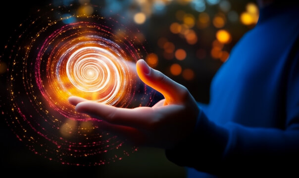 Spinning vortex of light and data particles in human hand, scientifical discovery  concept