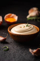 Bowl of Homemade mayonnaise sauce with ingredients and herbs for cooking