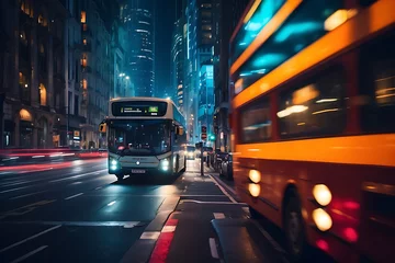 Foto auf Acrylglas Londoner roter Bus Bus on the street at night in New York City, Toned image, motion blur