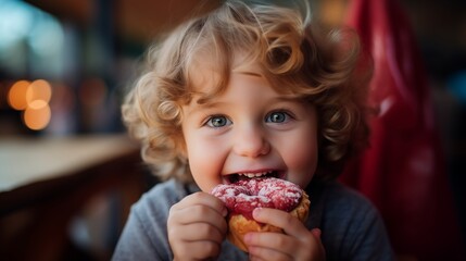Little happy child eating glazed pastry with pink glazing in a cafe