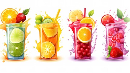 Orange, kiwi fruit, banana, tomato, watermelon, papaya juice. Fresh fruits and splashes, 3d vector icon set.,generative ai - obrazy, fototapety, plakaty