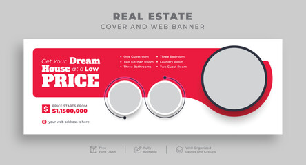 Real estate home sale or Construction renovation handyman Facebook cover for Realtor House rent repair, Editable multipurpose Web banner for Interior Furniture Office sale, Social media cover template - obrazy, fototapety, plakaty