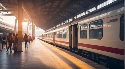 High speed train at railway platform at morning sunset - Powered by Adobe