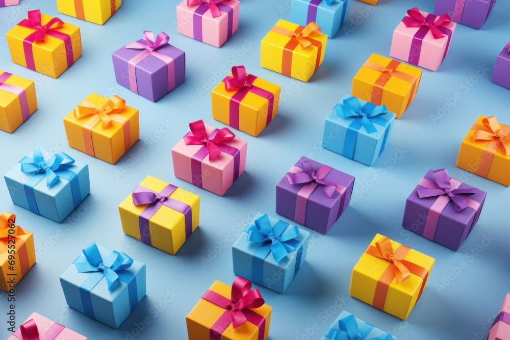 Poster a group of multicolored boxes with bows and ribbons on a blue background with a shadow of the boxes 