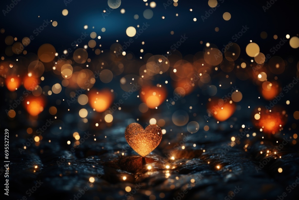 Poster a close up of a heart shaped object in the middle of a blurry image of a night sky with boke of ligh
