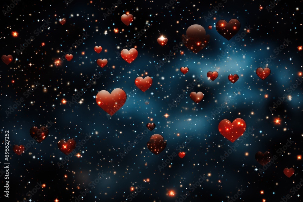Poster a space filled with lots of red hearts floating in the air on a dark blue background with stars and 