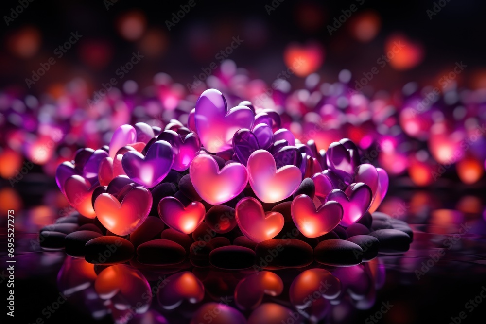 Aufkleber a bunch of pink hearts sitting on top of a black surface with a reflection of them on the surface of