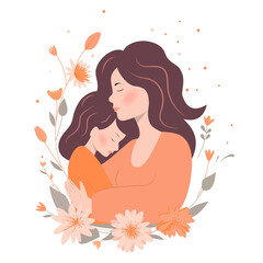 Vector illustration of mother hugging daughter. Happy Mother's Day.