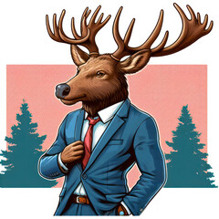 An Anthropomorphic Elk Dressed up as a Cool Business Man in a Suit. ai generative