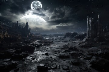  an alien landscape with a moon in the sky and a stream of water running through the middle of the land and rocks to the right of the moon in the distance.