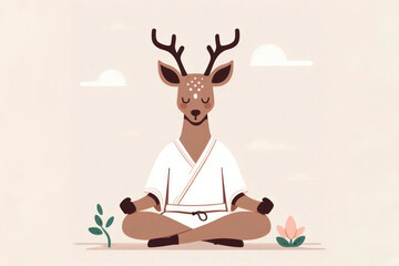Deer meditation on solid background. Zen meditation concept. Wide banner with space for text. ai generative