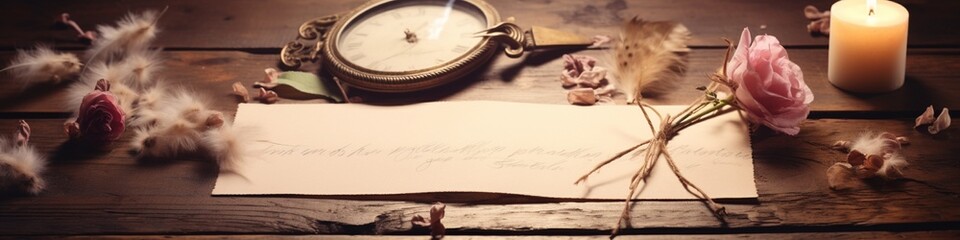 An empty white parchment love letter placed on an antique wooden desk, accented with a heart-shaped...