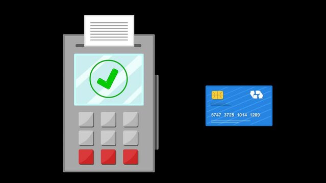 video animation illustration credit or debit card paying in pos terminal machine, on a transparent background with zero alpha channel