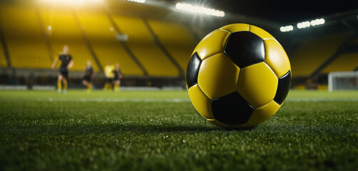 Soccer ball lies on a green field
