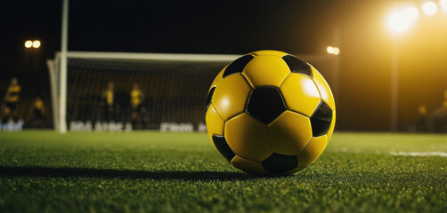 Soccer ball lies on a green field