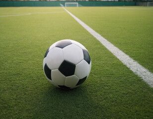 Soccer ball lies on a green field