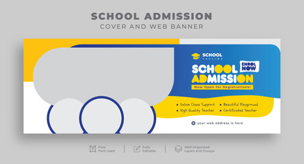 Facebook cover and web banner for school admissions, kids' online education social media posts, or back-to-school banners - obrazy, fototapety, plakaty