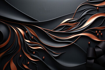  a close up of a black and gold wallpaper with a design of wavy, flowing