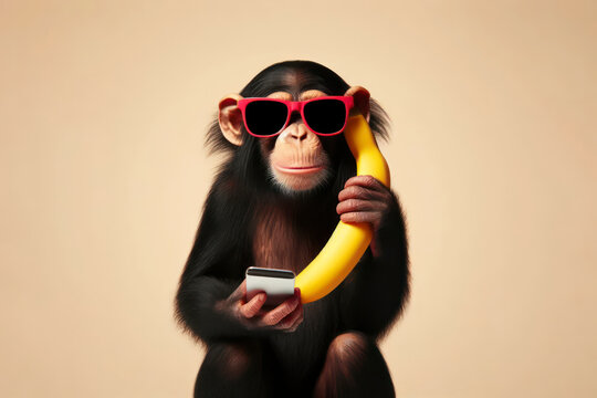 funny chimpanzee with banana phone on solid background. ai generative