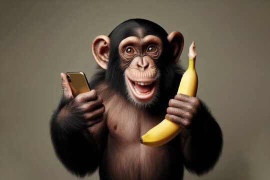 funny chimpanzee with banana phone on solid background. ai generative