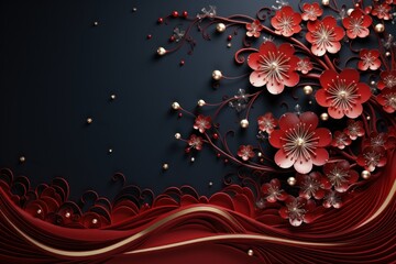  a red and black background with red flowers and pearls on the bottom of the image and a black background with red flowers and pearls on the bottom of the image.